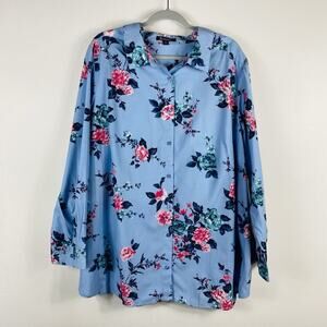 Roaman's Button Shirt 26 Blue Floral Top Long Sleeve Cotton Blend